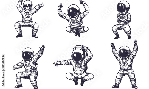 Set of six minimalist astronaut vector illustrations in various dynamic poses including dancing, yoga, jumping, and celebrating with detailed spacesuits and reflective visors on white background