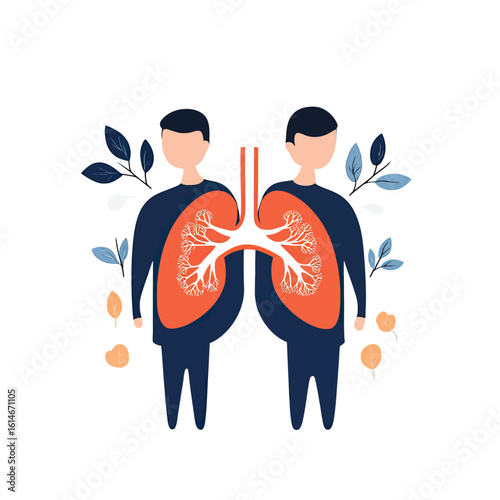Human lungs illustration with bronchial tree anatomy inside silhouettes of two people in flat minimalist style with decorative leaves background for health concept