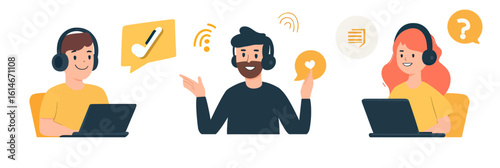 Customer support teamwork with headset operators and digital communication icons flat vector illustration of online helpdesk service and user interaction concept