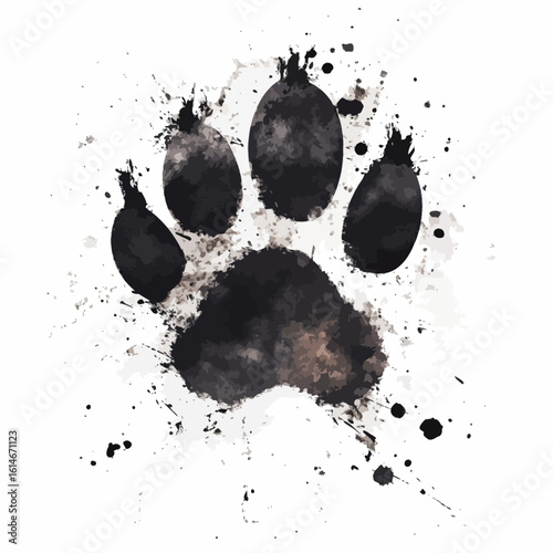 Black watercolor animal paw print with ink splatter texture abstract illustration isolated on white background artistic design for wildlife and pet themes