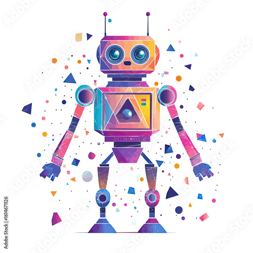 Colorful low poly robot with geometric triangular shapes and glowing eyes standing with abstract floating polygons in modern vector design for artificial intelligence concept