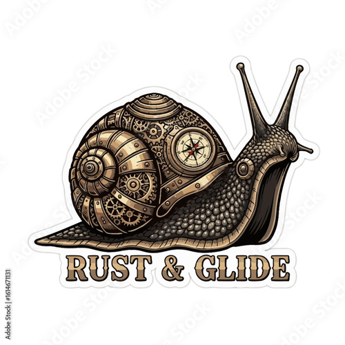Steampunk snail with gears and compass intricate metallic shell detailed creative insect isolated on white