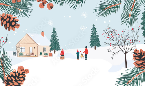 Winter snowy landscape with family playing outside near house surrounded by pine branches and pine cones festive holiday scene vector illustration