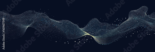 Abstract flowing wave of glowing particle dots futuristic technology background with smooth curved mesh shape on dark blue gradient backdrop digital vector illustration