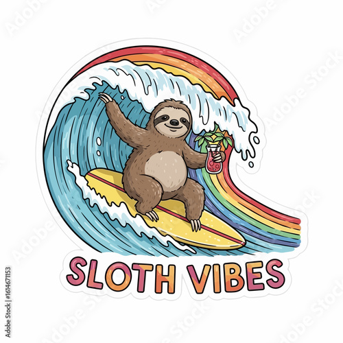 A happy cartoon sloth surfs a wave holding a tropical drink with a rainbow behind it Surfing Animal Summer