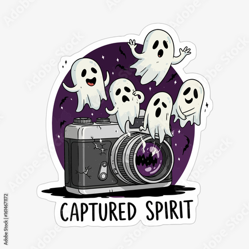 Six cute cartoon ghosts hovering around a vintage camera against a dark starry background with bats Spooky