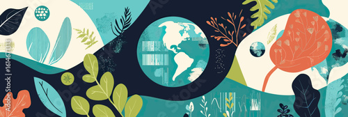 Abstract Earth with leaves and plants eco-friendly nature conservation concept in flat minimalist vector style with geometric shapes and organic elements background