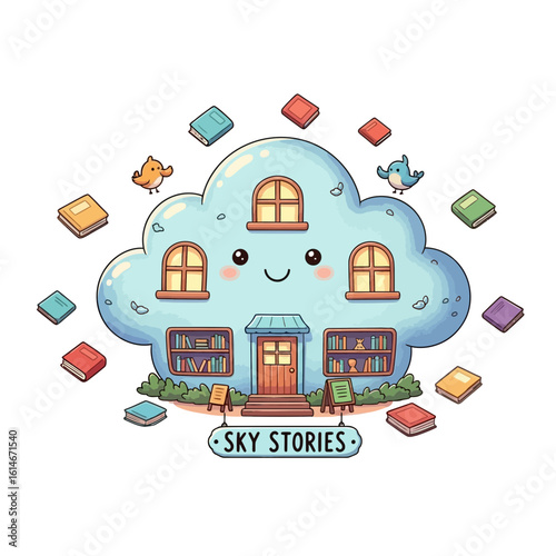 A whimsical cloud shaped bookstore with open books and birds featuring a friendly face and windows Reading