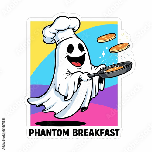 Cheerful ghost chef wearing a hat cooks pancakes in a pan with colorful abstract background cooking food