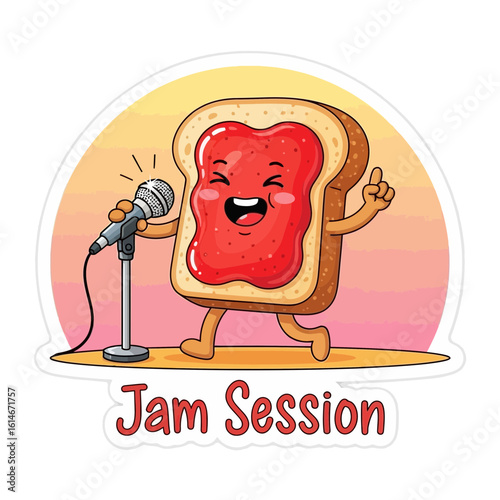 A cartoon slice of toast with strawberry jam and eyes sings into a microphone on stage singing music