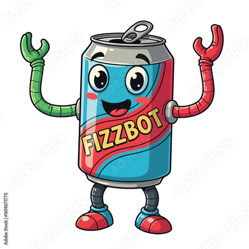 A cartoon robot character designed as a soda can with articulated arms and legs displaying a happy expression