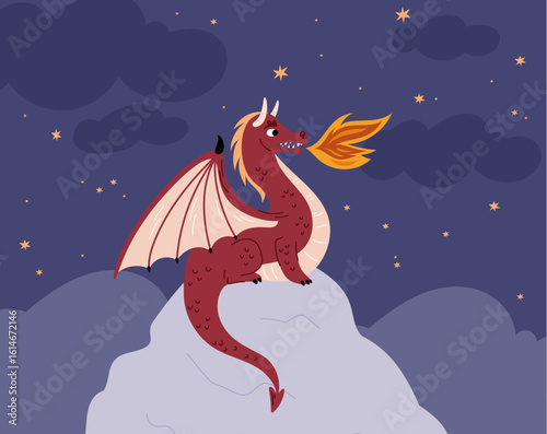 Red dragon on mountain top on background of night sky with stars. Cartoon mythical creature on rock peak. Fire breathing. Mythological lizard on stone. Legendary monster. Vector concept