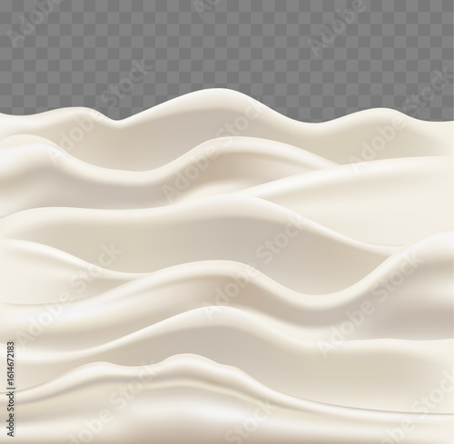 Realistic texture of white yogurt. Cream or mayonnaise on transparent background. Milk foam. Fluid smooth glaze. Milkshake soft splash. Sauce and lotion surface. Wavy layers vector border