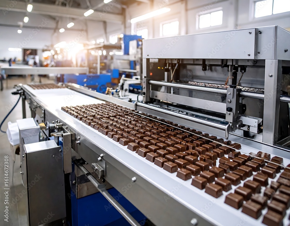 Fototapeta premium Chocolate candies on a factory conveyor belt