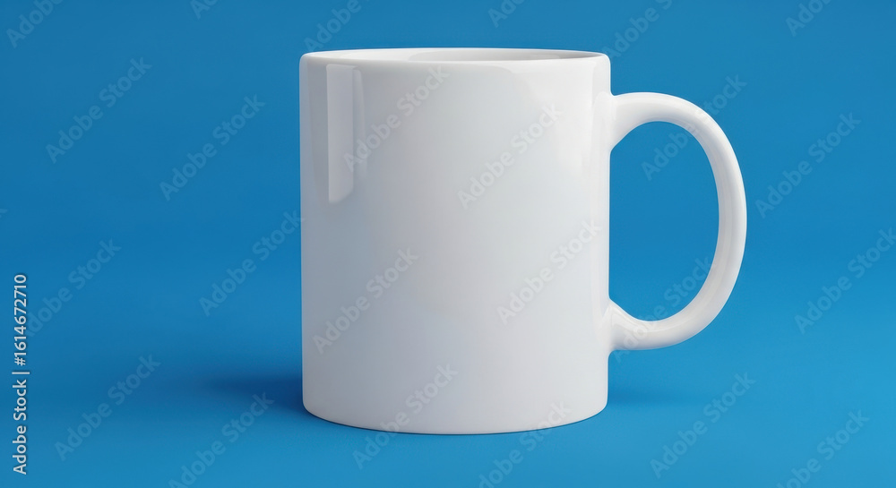 Obraz premium Plain White Ceramic Mug on Vibrant Blue Background for Coffee Branding Mock up Tea Advertising or Ecommerce Product Display