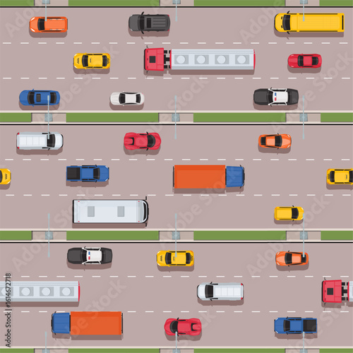 Freeway with cars and trucks top view. Automobiles traffic seamless pattern. Urban transportation. Repeated boys print. Town highway road. Transport drive on speedway. Vector background