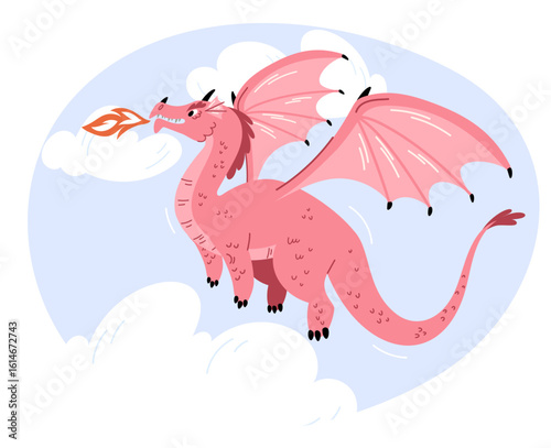 Flying dragon with wings and fire from mouth in sky with clouds. Legendary monster. Mythological lizard. Cartoon mythical creature. Fairytale animal breathing flame. Vector concept