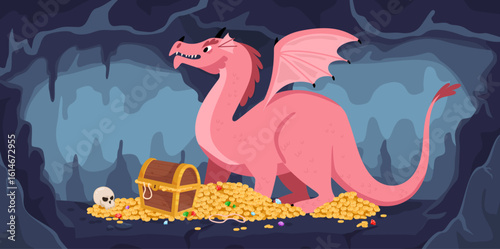 Dragon in mountain cave guards pile of gold coins and gems. Treasure chest and golden heaps. Legendary monster. Winged and horned animal. Mythological wealth safety. Vector concept