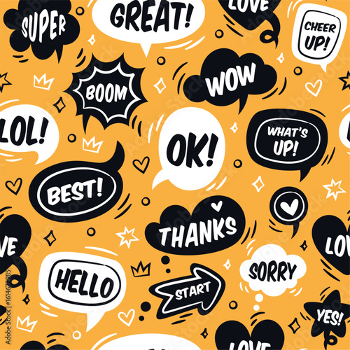Different kind of speech bubbles. Communication seamless pattern. Dialog or chat icons. Repeated print. Message doodle stickers. Expression text. Talk exclamations. Vector background
