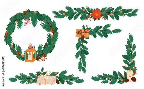 Christmas tree garlands with pinecones and candles. Holiday gifts. Decorative stars. Straight round and corner frames. Evergreen plants. Poinsettia flowers. Vector Xmas wreathes set