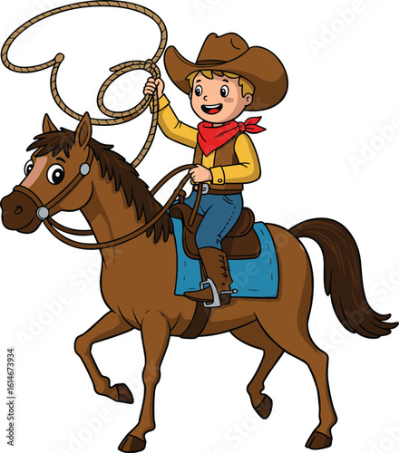 Happy cartoon cowboy riding horse with lasso, wearing hat and boots, kid rodeo character illustration, western adventure scene vector