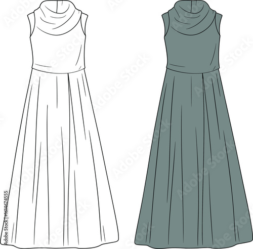 Sleeveless cowl neck long dress flat sketch, fashion technical illustration, front view, colored and outline, elegant evening gown