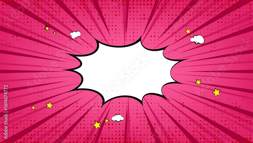 Comic book-style background is pink with white speech bubbles in center of empty cartoon explosion, yellow stars and halftone dots scattered around. features rays of light shining. 