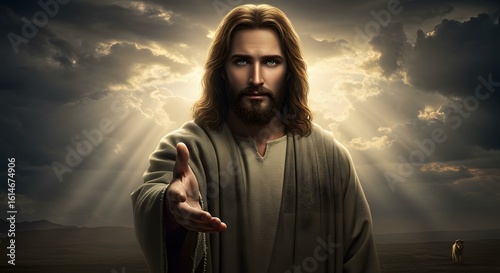 Jesus Christ extending his hand in a gesture of welcome, surrounded by divine light.