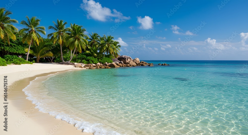 Fototapeta premium A pristine tropical beach with crystal clear turquoise water lapping the white sand shore lined with palm trees.