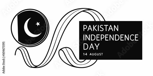 Pakistan independence day design with flag crescent and star and ribbon in black and white colors theme