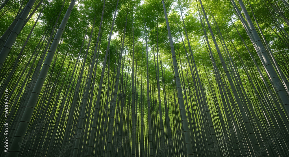 Fototapeta premium A low-angle perspective looking up through a dense, serene green bamboo forest as sunlight filters through the lush canopy.