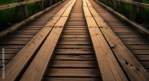 A rustic wooden footbridge path leading into the distance, a low angle perspective symbolizing a journey ahead.