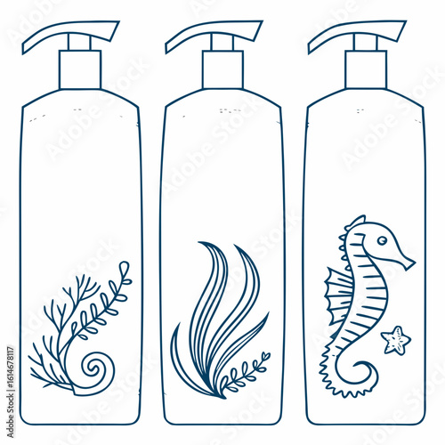 “Editable label set for marine cosmetics: minimal vector templates for shampoo, body lotion, sea minerals scrub”
