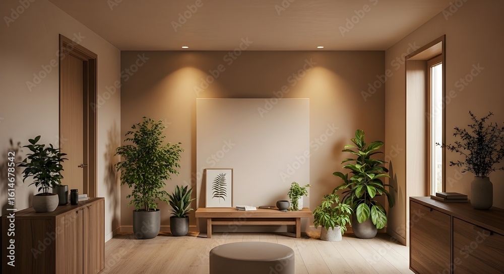 Fototapeta premium A tranquil, modern living room with a large blank canvas on a beige wall, surrounded by lush potted plants and wooden furniture under warm spotlights.