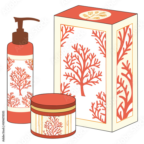 “Vector packaging set: coral-inspired branding mockups (soap box, label, jar) with gold foil effect”
