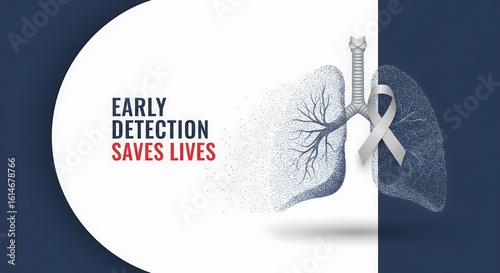 A medical banner for lung cancer awareness month with particle art lungs and a white ribbon promoting the message that early detection saves lives