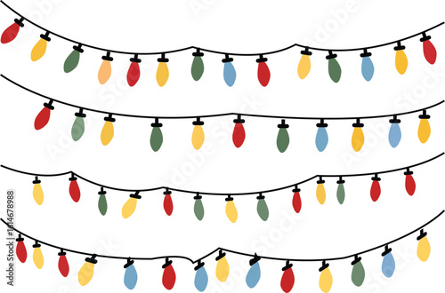 single line art colorful electric bulb garland. Celebration party hand drawn Vector linear illustration isolated on white.	