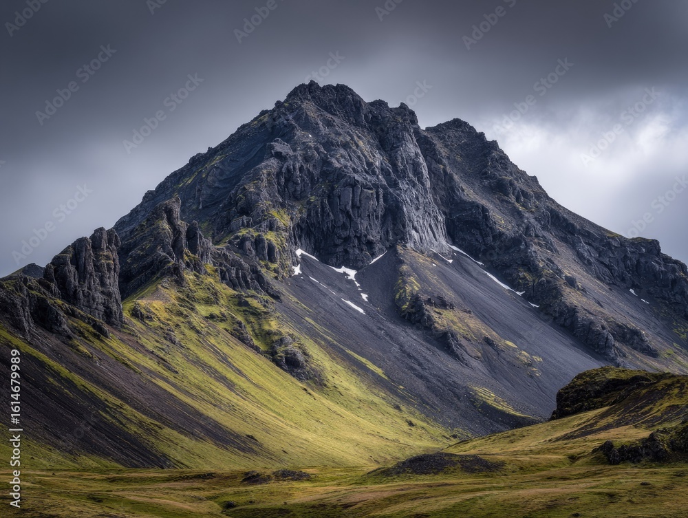 Fototapeta premium Dramatic, dark mountain peak with green slopes under a stormy sky