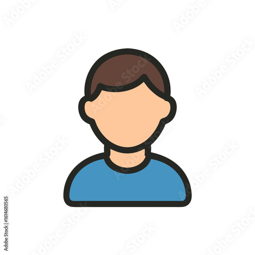 A cartoon illustration of a man with brown hair wearing a blue shirt on a white background