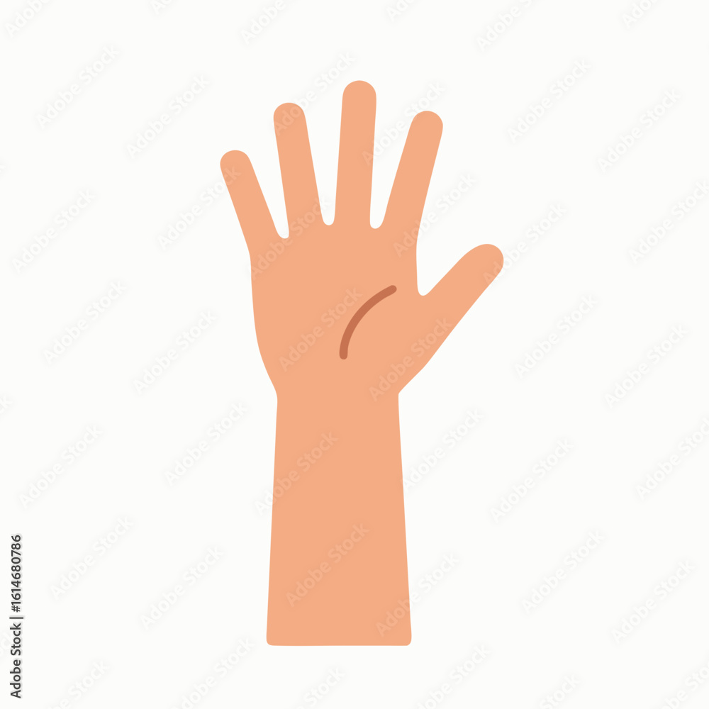 Fototapeta premium A cartoon human hand with fingers raised in a greeting or stop gesture on white background
