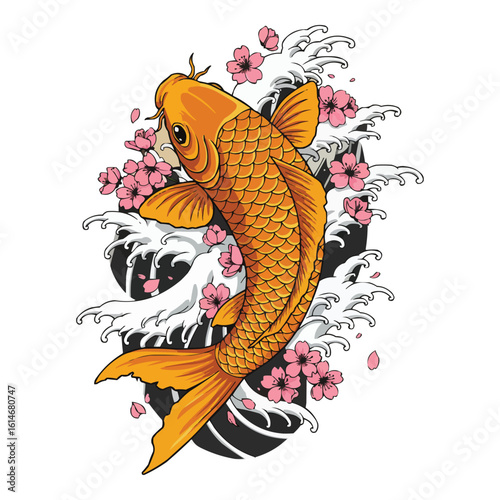 Golden Koi Fish with Cherry Blossoms and Waves