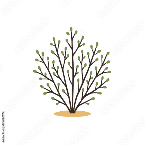 A stylized illustration of a tree with green buds growing from brown branches on a white background.