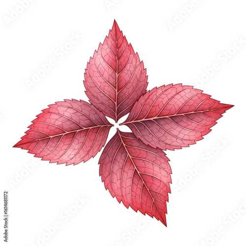 Set of four vibrant red leaves close up view with visible veins isolated on white background