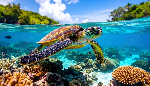 Fototapeta Naklejka Na Ścianę i Meble -  A sea turtle gracefully swims above a vibrant coral reef in crystal-clear tropical waters