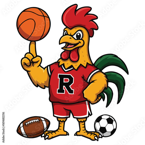 Rooster Mascot with Basketball, Football and Soccer Ball