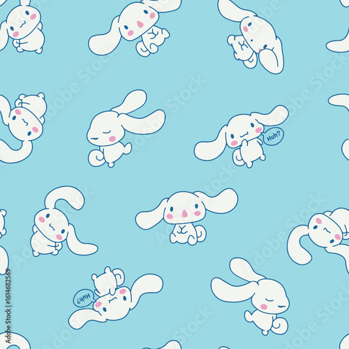 Playful seamless pattern kawaii cartoon bunnies with floppy ears, blushing cheeks, and expressive gestures on a pastel blue backdrop. children’s fashion, baby textiles, digital backgrounds, wrapping