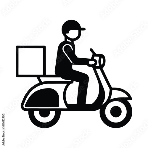 Black and white icon of a person riding a scooter with a delivery box rider 1