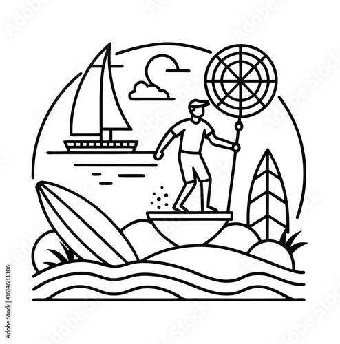 Black outline vector illustration of summer water sports activities