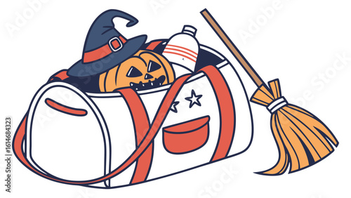 A halloween duffel bag overflowing with spooky treats like a carved pumpkin witch hat and broom ready for trick or treating adventures