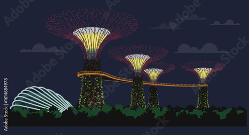 he iconic Supertrees of Singapore glow brightly in the night, symbolizing innovation, sustainability, and futuristic architecture in the heart of the city.